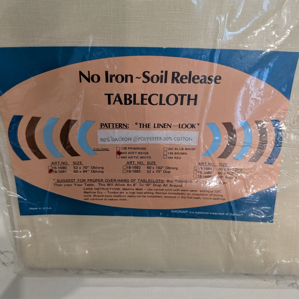 Vintage Linen Look Tablecloth NOS No Iron Soil Release Beige Oblong USA